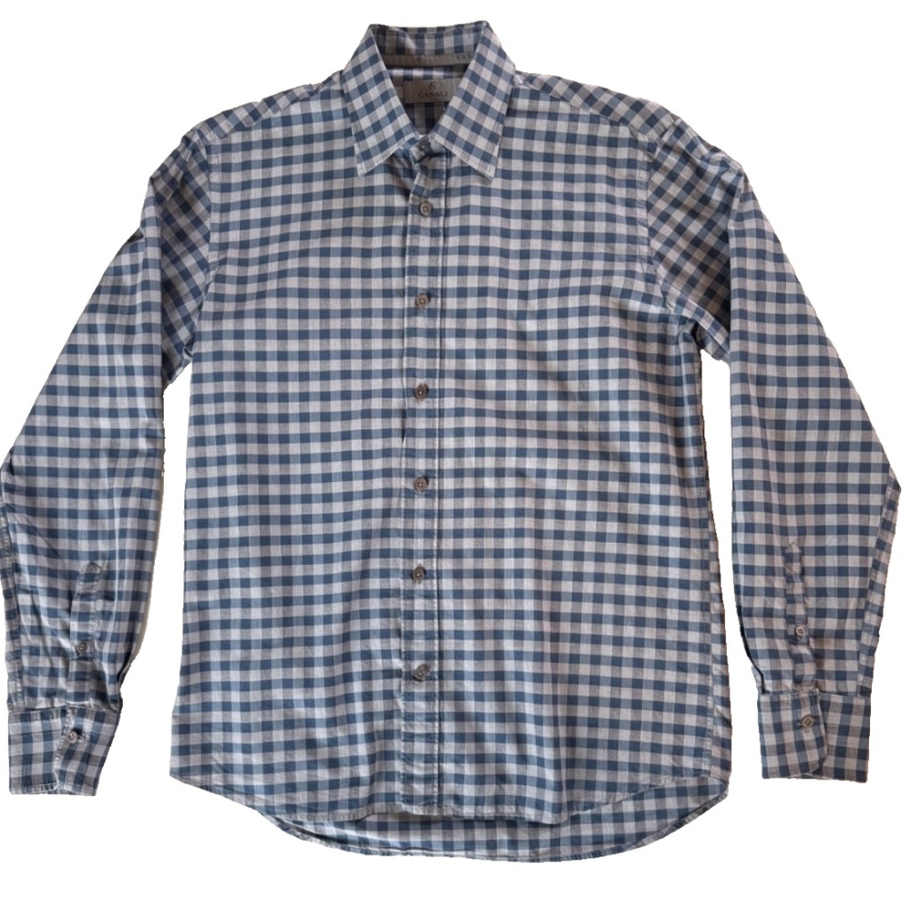 CANALI Dress Shirt Men Large Gingham Plaid Blue Grey Cotton Long Sleeve Italy